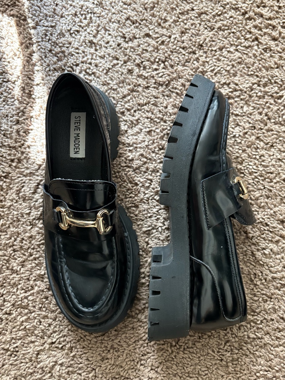 Steve Madden Black Patent Loafers with Gold Hardware